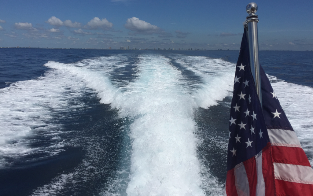 U.S. flag on the back of a 53' yacht